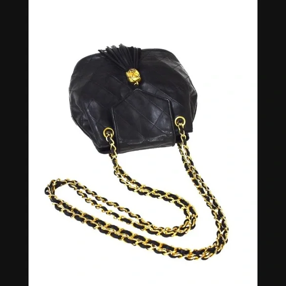 CHANEL CC MATELASSE Fringe Chain Shoulder Bag Leather Black Vintage - Picture 4 of 12